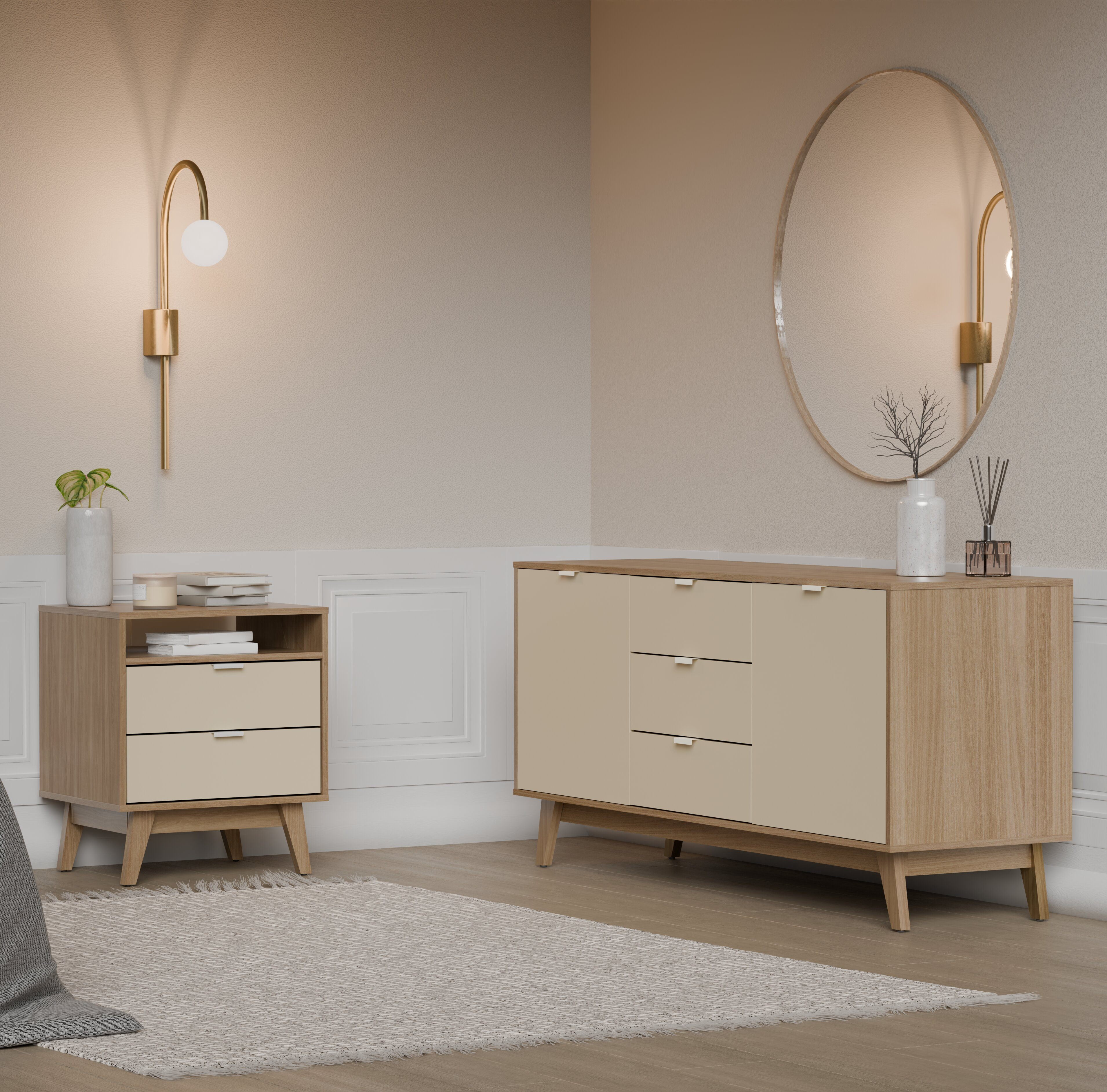 Kappesberg Venice 2-Piece Sideboard and Nightstand Set – Modern Storage Combo in Light Brown/Cream - for Adults and Teens
