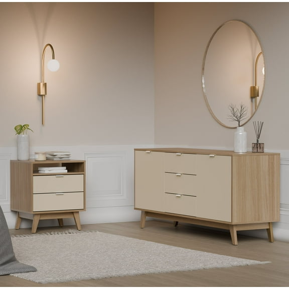 Kappesberg Venice 2-Piece Sideboard and Nightstand Set  Modern Storage Combo in Light Brown/Cream - for Adults and Teens