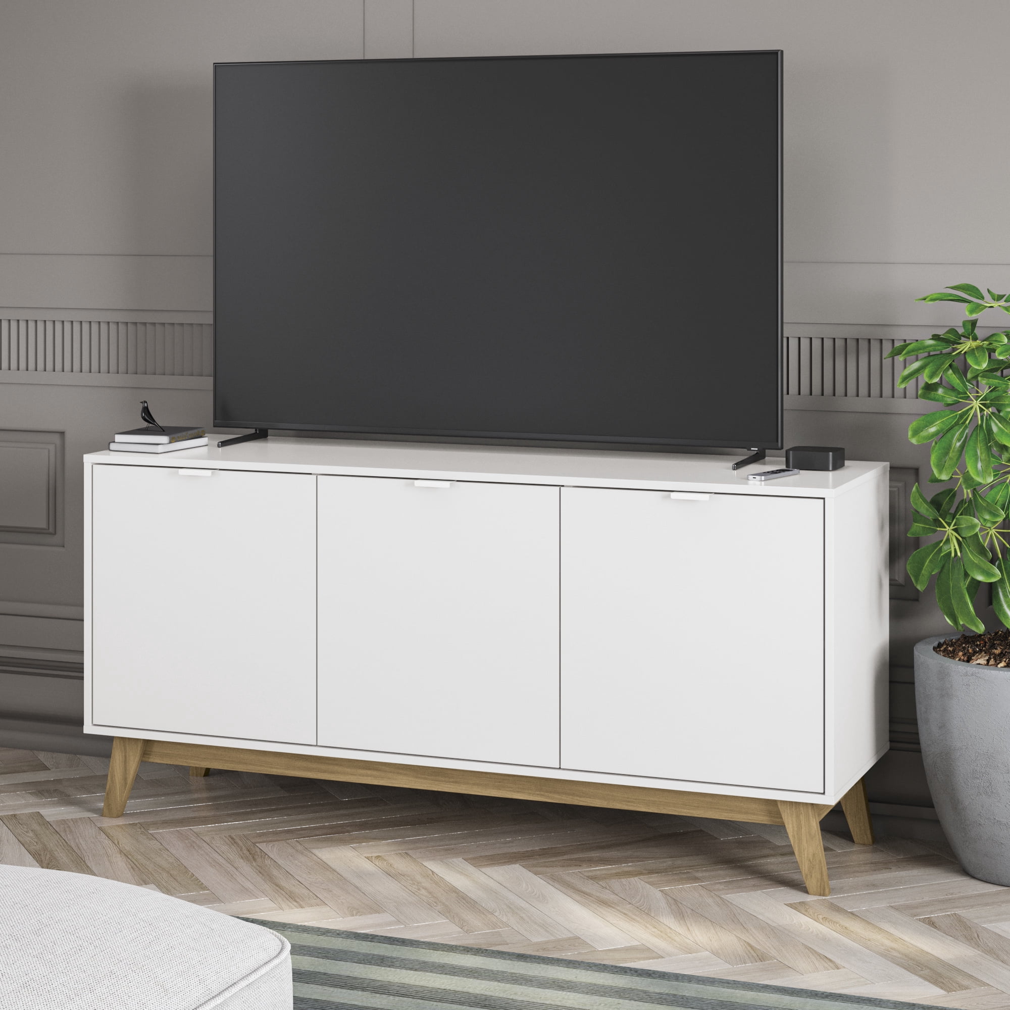 Kappesberg Venice White/Light Brown 59"W Sideboard with 3 Doors and Shelves