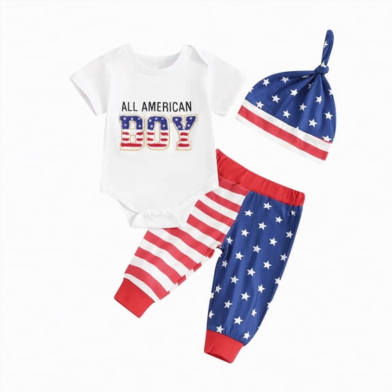 Kaprioy My 1st 4th of July Baby Boy Outfit Baby Boy 4th of July Outfit Cute Letter Short Sleeve Romper Stars and Stripes Pants Hat Infant Summer Clothes