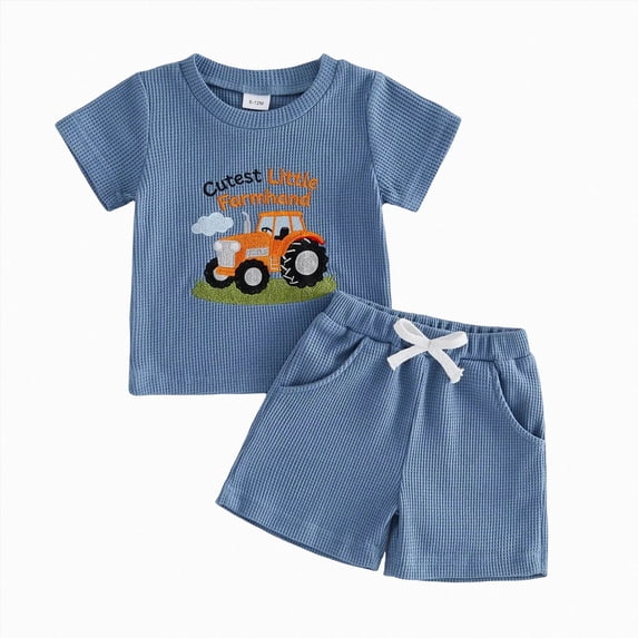 Kaprioy Baby Boy 4th of July Outfits Toddler Boys Summer Clothes Short Sleeve Independence Day Car Trailer Cartoon Printed T-Shirt Striped Solid Shorts 2Pcs Set