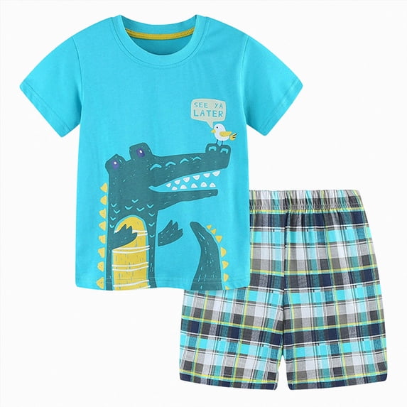 Kaprioy Baby Boy Clothes Boys Summer Outfits 18 24 Month 3T 4T 5T 6T 7 Cartoon Dinosuar Animals Crewneck Tees T-Shirt Poplin Short with Pockets Outfit Set