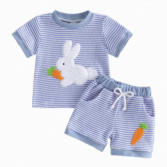 Kaprioy Baby Boy Easter Outfits Toddler Boys Short Sleeve Rabbit Bunny Embroidery Shirts Tee Shirt Tops with Elastic Waist Shorts Set Summer Outfit for Holiday Party 6M 12M 18M 2T 3T 4T Boys