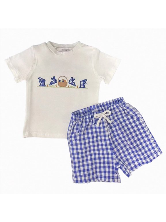 Baby Boy Easter Outfits Toddler Boys Summer Clothes Short Sleeve Easter Rabbit Truck Embroidery T-Shirt Striped Solid Shorts 2Pcs Set