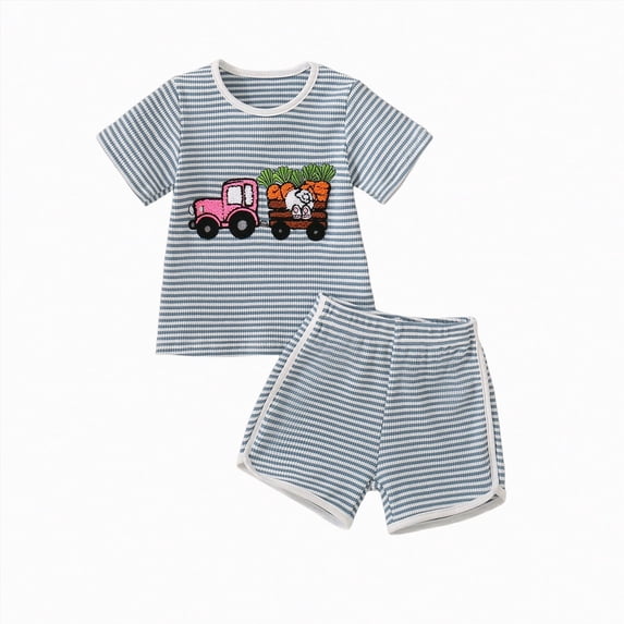 Kaprioy Baby Boy Easter Outfits Toddler Boys Summer Clothes Short Sleeve Easter Rabbit Truck Embroidery T-Shirt Striped Solid Shorts 2Pcs Set