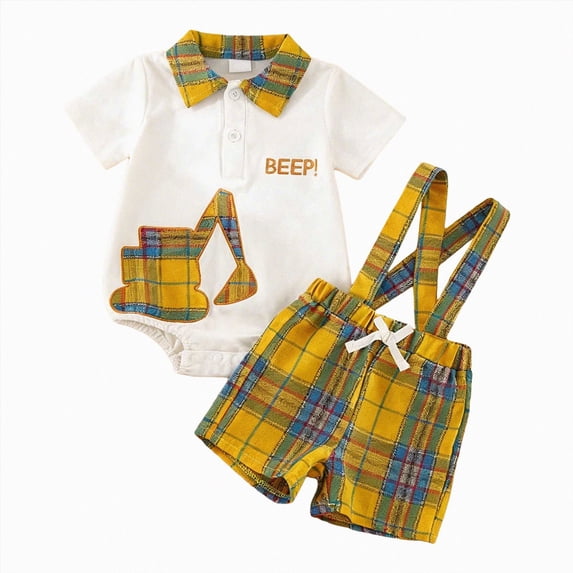Kaprioy Baby Boy Outfit Summer Gentleman Suit Letter BEEP Tractor Print Short Sleeve Bowtie Romper Plaid Suspender Overalls Shorts Set