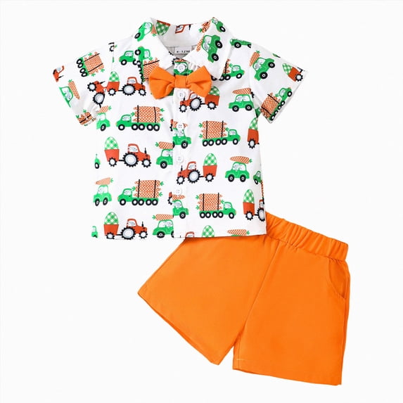 Kaprioy Baby Boy Outfit Toddler Baby Boy Clothes Shorts Set Cartoon Car Print Button Down Shirt Top + Bow Tie + Solid Shorts Summer Outfit