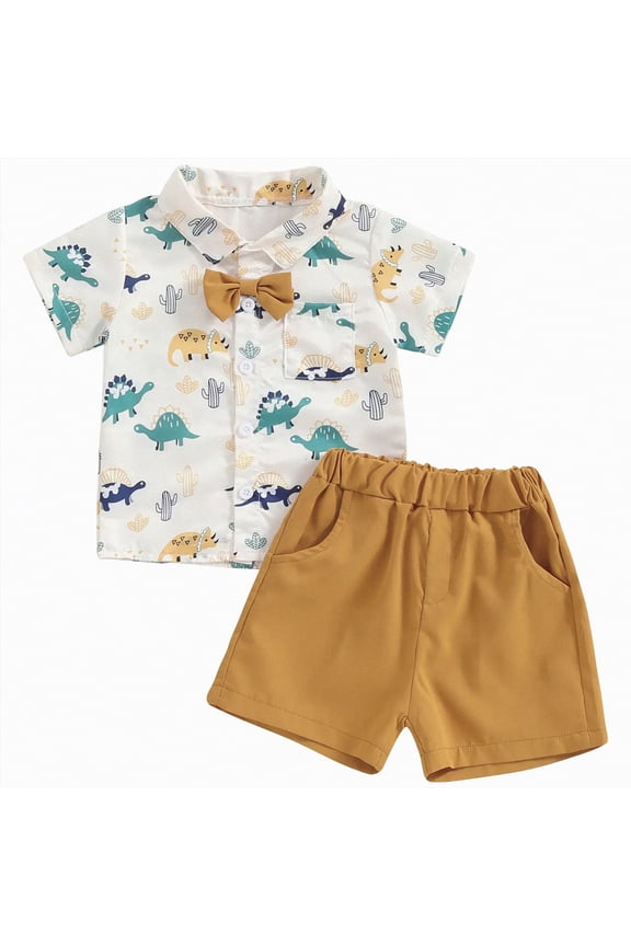 Baby Boy Outfit Toddler Baby Boys Gentleman Suit Short Sleeve Button Down Dinosaurs Bow Tie Shirt and Elastic Waist Shorts Sets