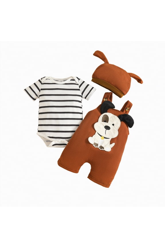 Baby Boy Outfit Toddler Boys Baby Boy Clothes Short Sleeved Cute Cartoon Romper + Shorts + Hat Overalls Suspender for Boys 3 Pcs