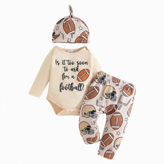 Kaprioy Baby Boy Romper Fall Baby Boy Clothes Football Outfit Letter Printed Long Sleeve Romper Shirt Tops and Pants Hat 3PCS Set