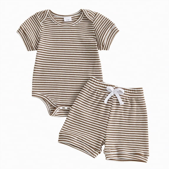 Kaprioy Baby Boy Shorts Set Newborn Infant Summer Outfit Striped Half Button-up Short Sleeve Bodysuit Elastic Waist Shorts Baby Boys' Shorts Sets