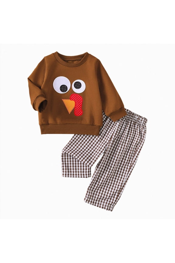 Baby Boy Winter Clothes Thanksgiving Outfit Turkey Embroidery Crewneck Long Sleeve Sweatshirt Top Stripes Pants