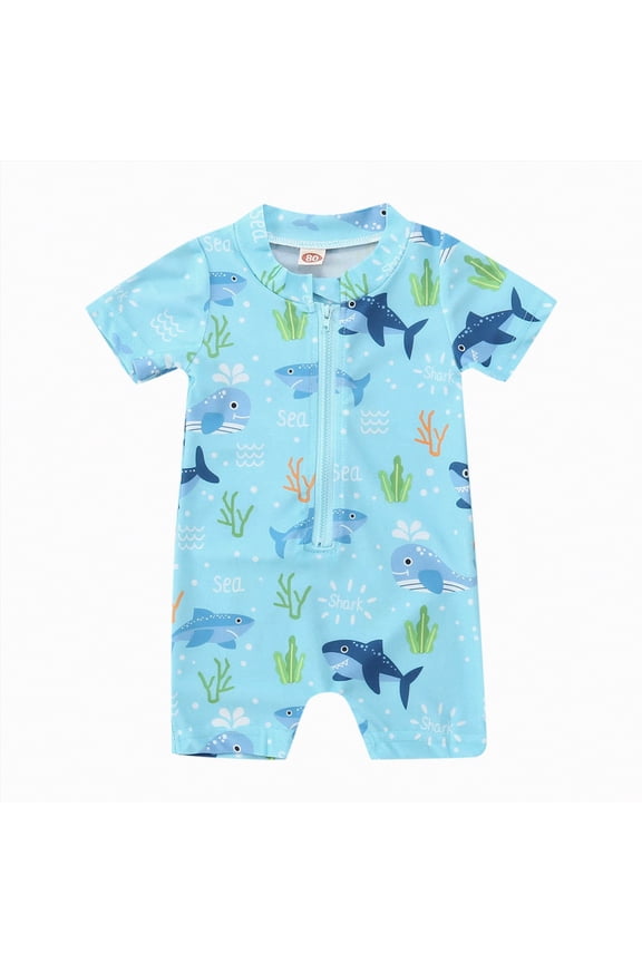 Baby Boys Girls Rash Guard Swimsuit Short Sleeve Zipper Bathing Suit Toddler One-Piece Swimwear Sunsuit Summer Cartoon Dinosaur Prints Beach Bikini Set