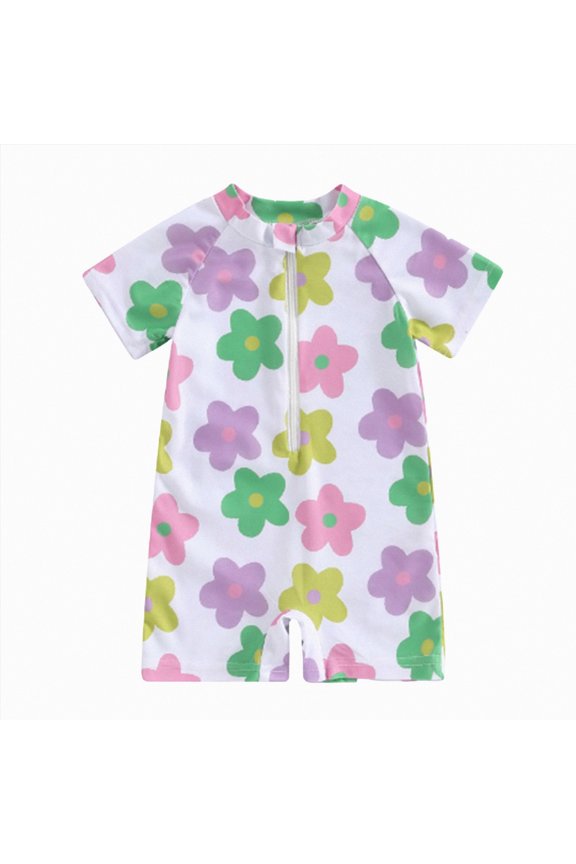 Baby Boys Girls Rash Guard Swimsuit Short Sleeve Zipper Bathing Suit Toddler One-Piece Swimwear Sunsuit Summer Cartoon Ocean World Animals Prints Beach Bikini Set