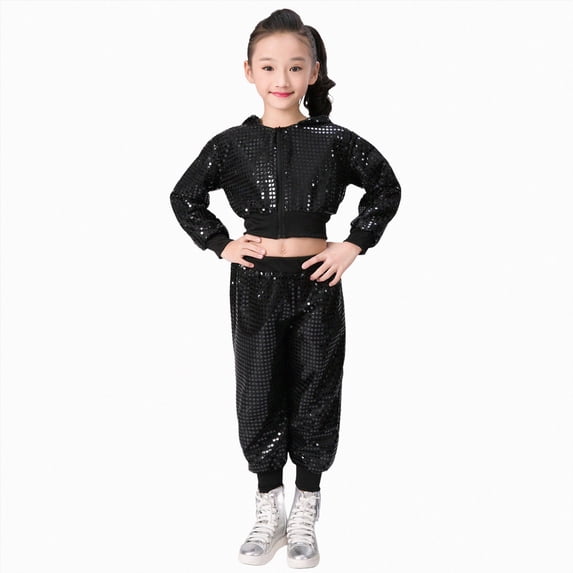 Kaprioy Baby Girl Fall Winter Clothes 2Pcs Girls Dance Outfits Cropped Sequin Jacket Pants Set Kids Hop Dance 80s 90s