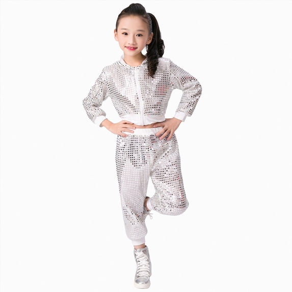 Kaprioy Baby Girl Fall Winter Clothes 2Pcs Girls Dance Outfits Cropped Sequin Jacket Pants Set Kids Hop Dance 80s 90s
