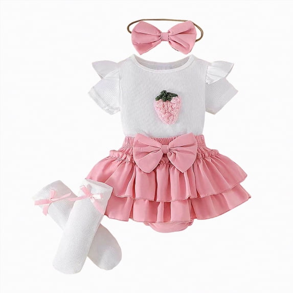 Kaprioy Baby Girl Outfit Girls Clothes Short Sleeved Fruit Printed Ruffle Sleeve Knitted Romper Bodysuit Short Solid Skirt Pants Suit Bow Headband Stockings Set