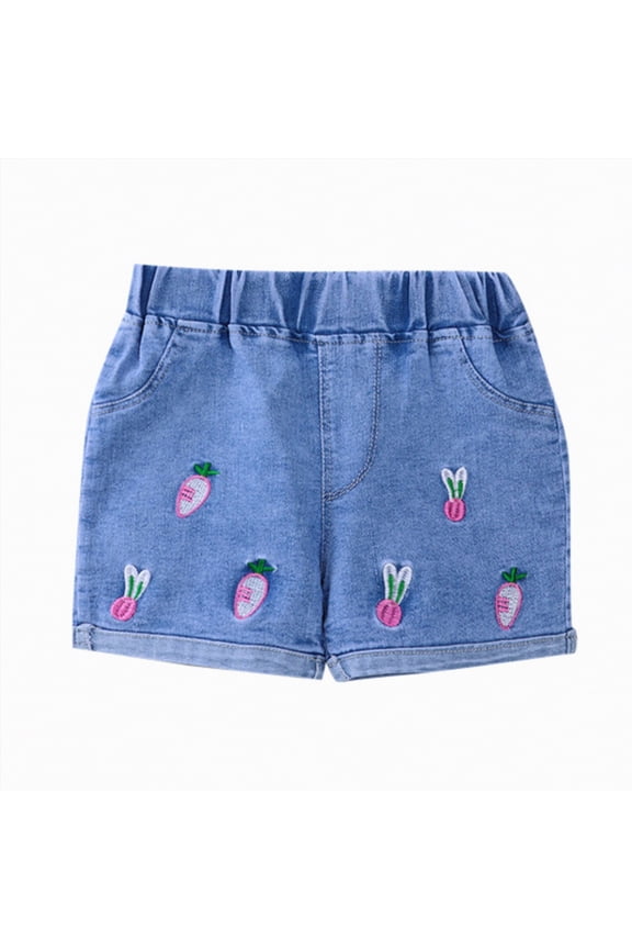 Big Girls Summer Thin Heart Embroidered Elastic Waist Shining Denim Ragged Shorts Shorts Jeans
