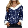 thumbnail image 1 of Kaprioy Blouse for Women Christmas Print Graphic Faux Fur Trim V Neck Fall Fashion Clothes Xmas Long Sleeve Going Out Tops Dark Blue, M, 1 of 5