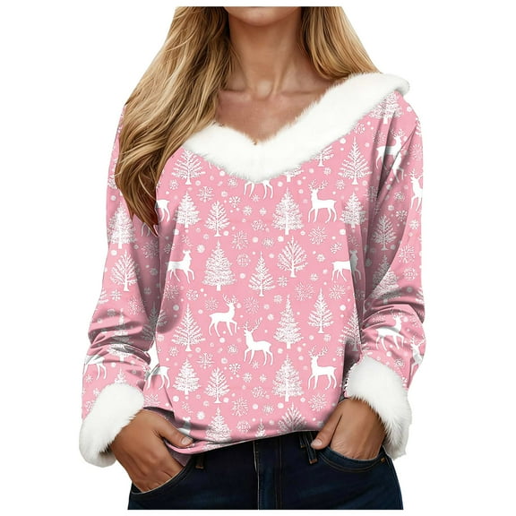 Kaprioy Blouse for Women Christmas Print Graphic Faux Fur Trim V Neck Fall Fashion Clothes Xmas Long Sleeve Going Out Tops Pink, XL