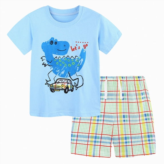 Kaprioy Boys Summer Outfits Baby Boy Summer Clothes 3T 4T 5T 6T 7T Toddler Boy Outfits Dinosaur Prints T Shirt Tops and Plaid Shorts Set