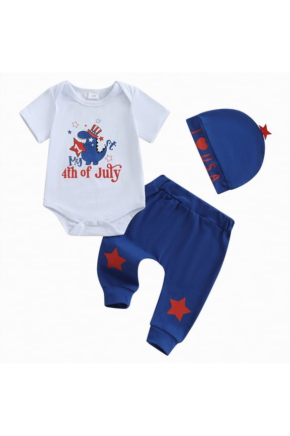 Boys Summer Outfits My 1st 4th of July Baby Boy Outfit Short Sleeve Dinosaur Romper Stars Pants Hat Set Newborn Fourth of July Clothes