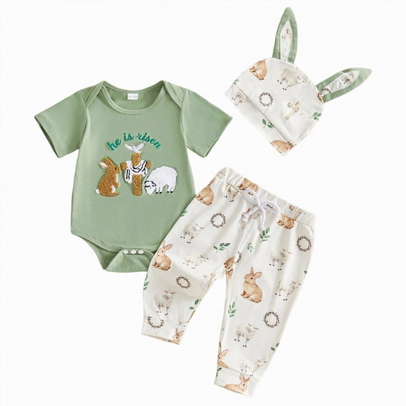 Kaprioy Boys Summer Outfits My First Easter Baby Boy Outfit Letter MY Easter Print Boy Bunny Short Sleeve Romper Pants Hat Boys Clothes