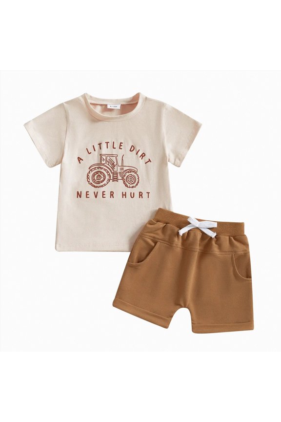Boys Summer Outfits Short Sleeve Tractor Letter A LITTLE DIRT NEVER HURT Print T Shirt Top Casual Shorts Set Toddler Baby Boy Summer Clothes 2 Piece Outfit