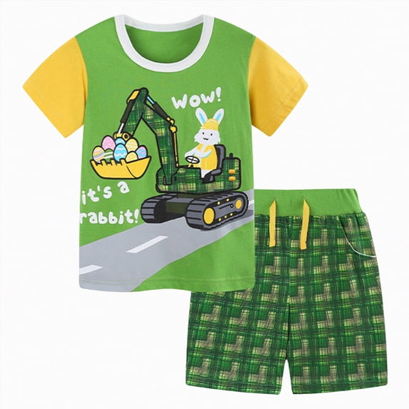 Kaprioy Boys Summer Outfits Short Sleeve Tractor Print Shirt T-Shirt Shorts Knit Set 12 18 24 Month 3T 4T 5T Baby Boy Outfits