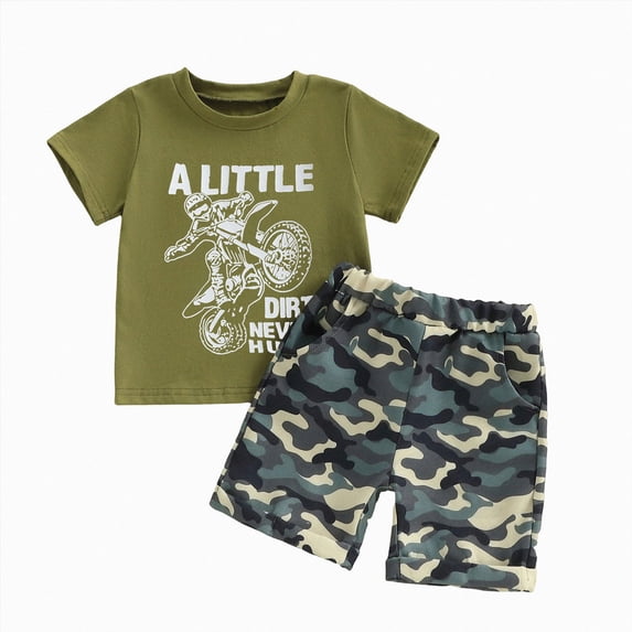 Kaprioy Boys Summer Outfits Short Sleeve Trucks Letter Printed Shirt T-Shirt Tops Camouflage Shorts Infant Toddler Baby Boy Clothes 2Pcs