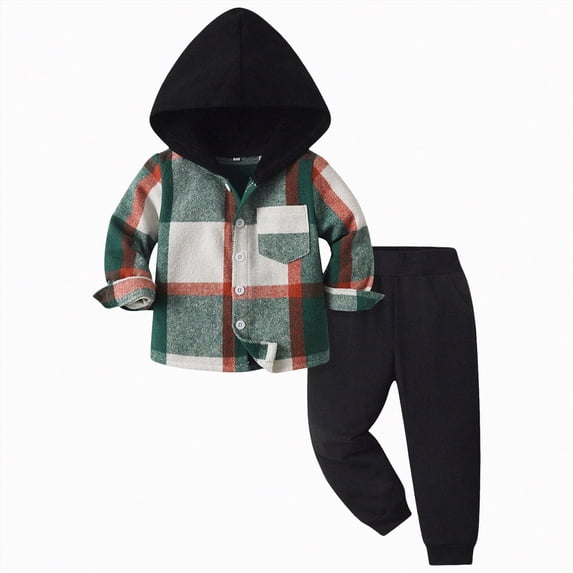 Kaprioy Boys Winter Clothes Toddler Baby Boy Clothes Plaid Long Sleeve Patchwork Hoodie Top + Pants 2pcs Fall Winter Outfits Set Boys Clothes Boys Outfits