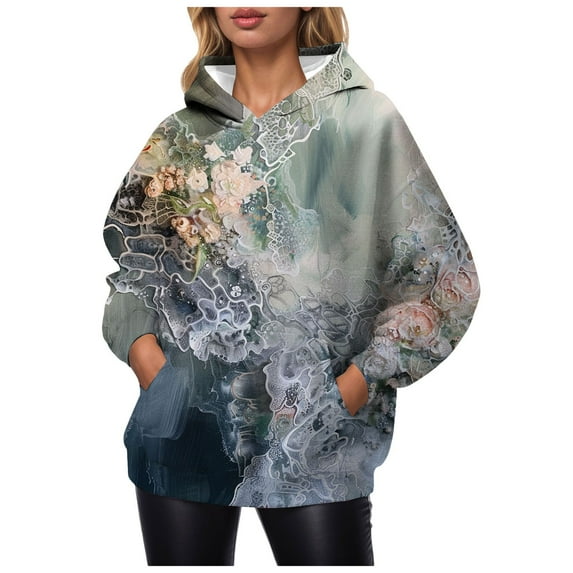 Kaprioy Camo Hoodies for Womens Cute Sweatshirt Maple Leaf Print Womens Oversized Fleece Sweatshirts Y2K Pullover Fall Fashion Clothing Blue, S