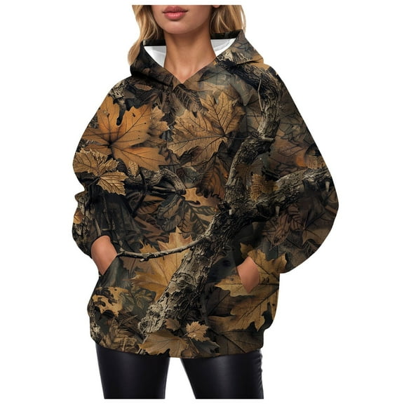Kaprioy Camo Hoodies for Womens Cute Sweatshirt Maple Leaf Print Womens Oversized Fleece Sweatshirts Y2K Pullover Fall Fashion Clothing Bronze, S