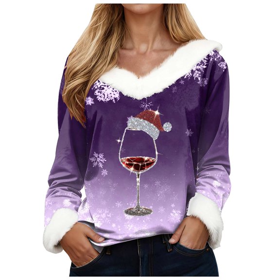 Kaprioy Christmas Shirts for Women 2025 Vintage V Neck Cute Shirts Xmas Graphic Tees Long Sleeve Winter Clothing Purple, S