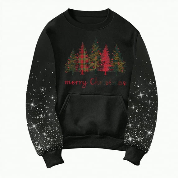 Kaprioy Christmas Sweatshirt For Women Long Sleeve Pullover Rhinestone Tops Xmas Gift Comfort Colors Sweatshirts Going Out Tops Black, XL