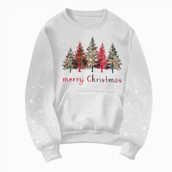 Kaprioy Christmas Sweatshirt For Women Long Sleeve Pullover Rhinestone Tops Xmas Gift Comfort Colors Sweatshirts Going Out Tops White, L