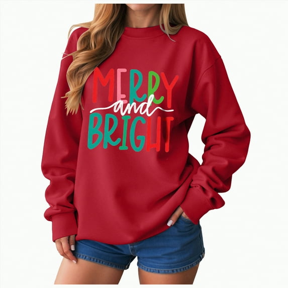 Kaprioy Christmas Sweatshirt For Women Merry And Bright Letter Print Pullover Crewneck Long Sleeve Oversized Sweatshirts Top Red, S