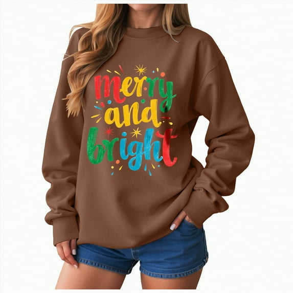 Kaprioy Christmas Sweatshirt Women Merry And Bright Letter Print Xmas Gift Holiday Winter Pullover Sweatshirts Brown, XL