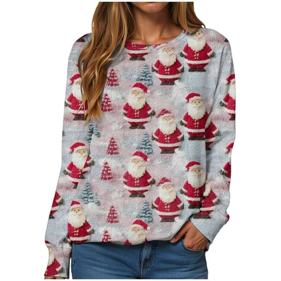 Kaprioy Christmas Sweatshirts for Women Cute Funny Santa Claus Sleigh Holiday Graphic Shirt Loose Casual Fall Fashion Pullover Tops Light Blue, XL