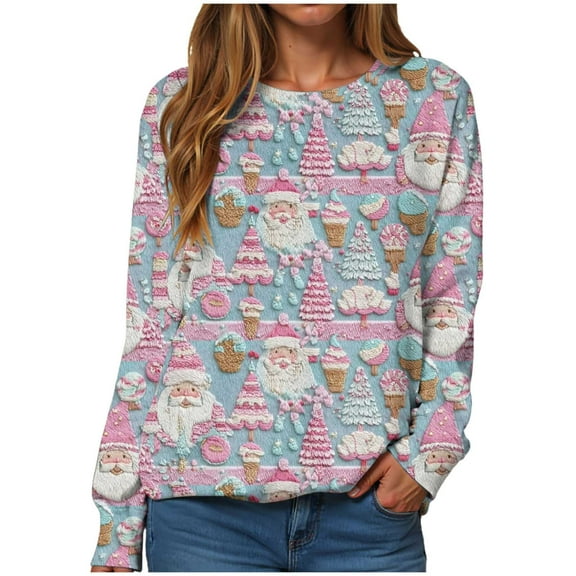 Kaprioy Christmas Sweatshirts for Women Cute Funny Santa Claus Sleigh Holiday Graphic Shirt Loose Casual Fall Fashion Pullover Tops Light Pink, XL