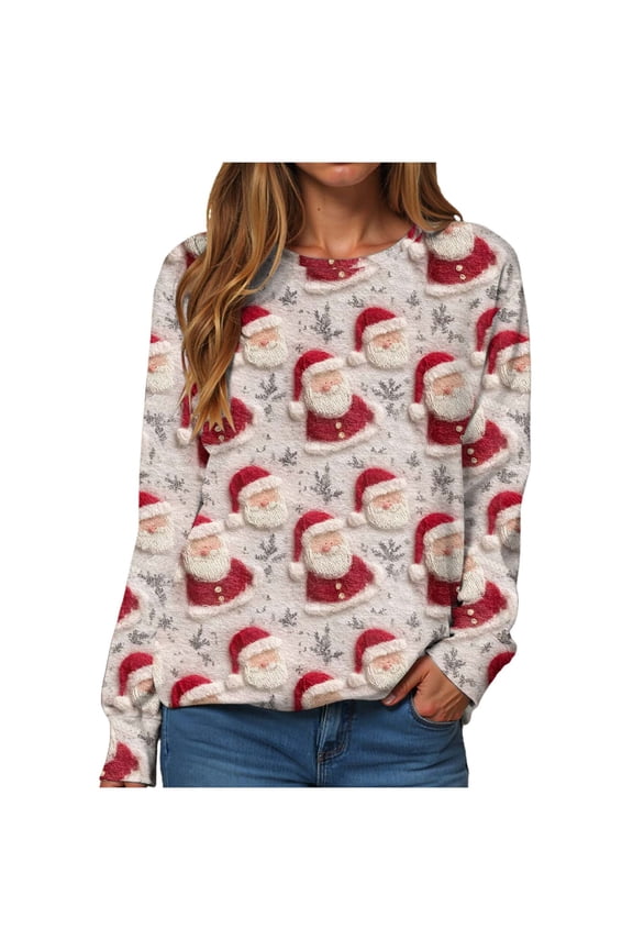 Christmas Sweatshirts for Women Cute Funny Santa Claus Sleigh Holiday Graphic Shirt Loose Casual Fall Fashion Pullover Tops Silver, L