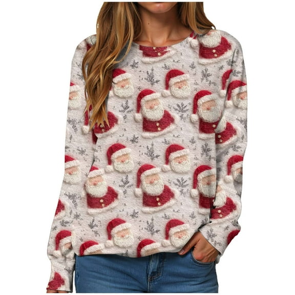 Kaprioy Christmas Sweatshirts for Women Cute Funny Santa Claus Sleigh Holiday Graphic Shirt Loose Casual Fall Fashion Pullover Tops Silver, XL