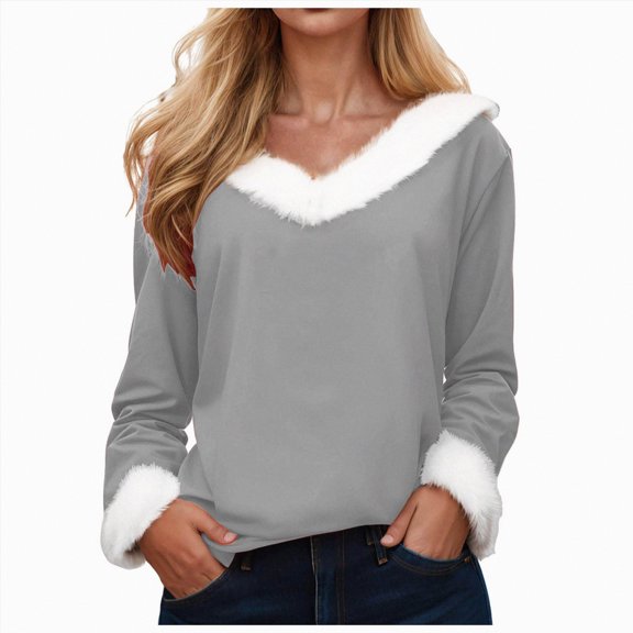Kaprioy Christmas Tops For Women Faux Fur Trim V Neck Blouse Graphic Xmas Long Sleeve Holiday Pullover Fall Fashion Winter Clothing Grey, L