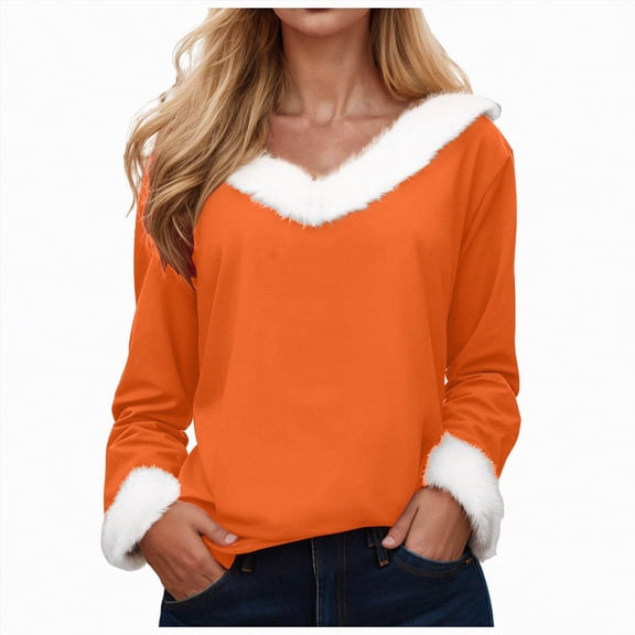 Kaprioy Christmas Tops For Women Faux Fur Trim V Neck Blouse Graphic Xmas Long Sleeve Holiday Pullover Fall Fashion Winter Clothing Orange, XL