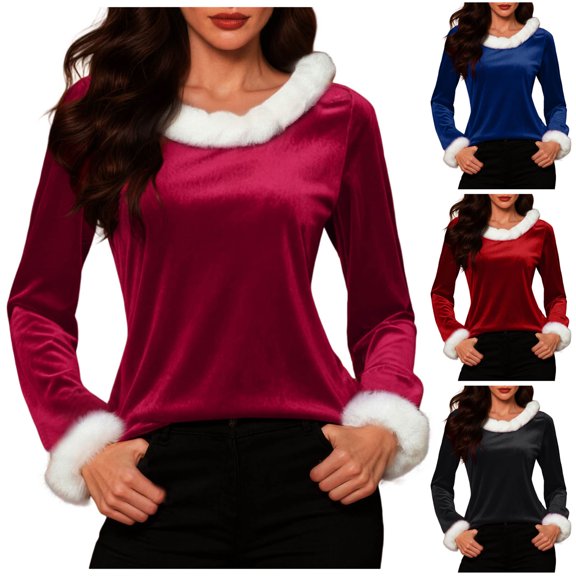 Kaprioy Christmas Tops For Women Xmas V Neck Fur Trim Fall Fashion Casual Loose Winter Blouse Velvet Long Sleeve Pullover Clothes Red, L