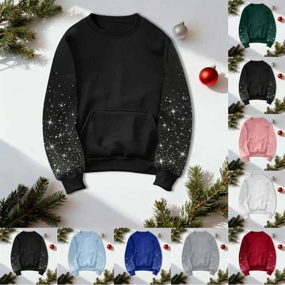 Kaprioy Crew Neck Sweatshirts Women Rhinestone Decoration Christmas Pullover Oversized Fall Fashion Winter Going Out Tops Black, XL