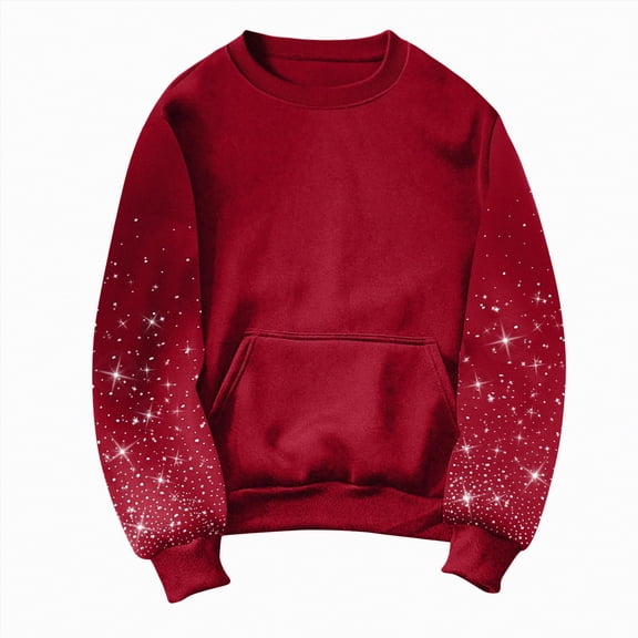 Kaprioy Crew Neck Sweatshirts Women Rhinestone Decoration Christmas Pullover Oversized Fall Fashion Winter Going Out Tops Red, XL