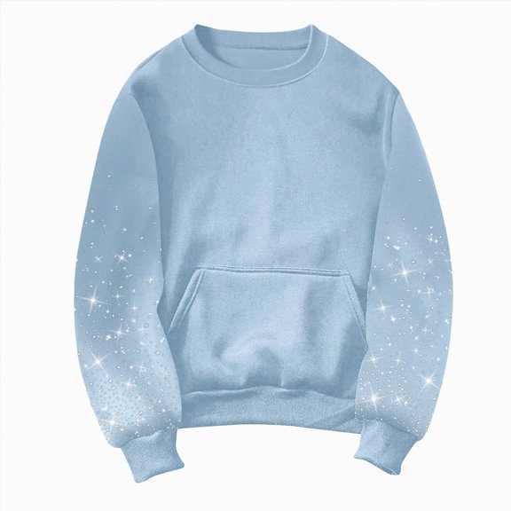 Kaprioy Crew Neck Sweatshirts Women Rhinestone Decoration Christmas Pullover Oversized Fall Fashion Winter Going Out Tops Sky Blue, M