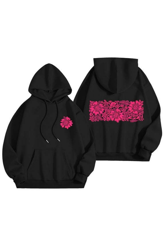 Cute Hoodies for Teen Girls Women Y2k Floral Graphic Oversized Sweatshirt Long Sleeve Preppy Clothes Black, S