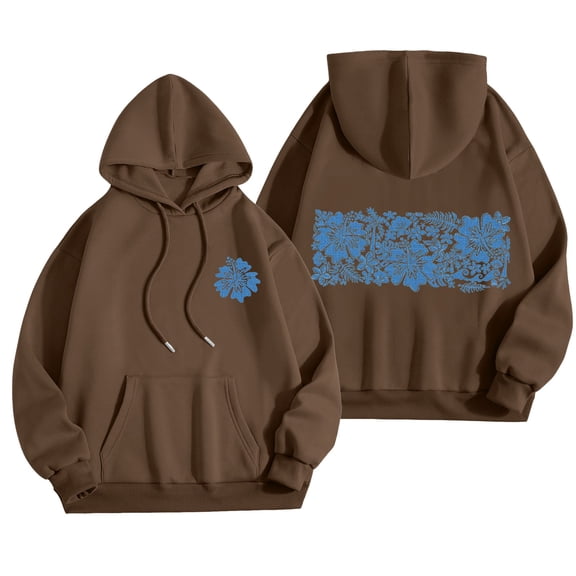 Kaprioy Cute Hoodies for Teen Girls Women Y2k Floral Graphic Oversized Sweatshirt Long Sleeve Preppy Clothes Brown, XXXL